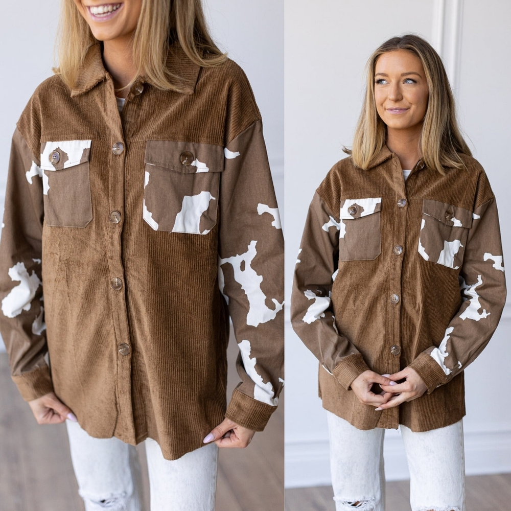 . Boutique Brown Cow Print Oversized Button Up Long Sleeve Corduroy Shacket - Picture 4 of 14